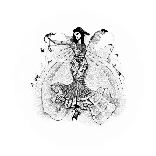 A blackwork tattoo of a Spanish flamenco dancer surrounded by lyrics from your favorite Latin song. tattoo design idea