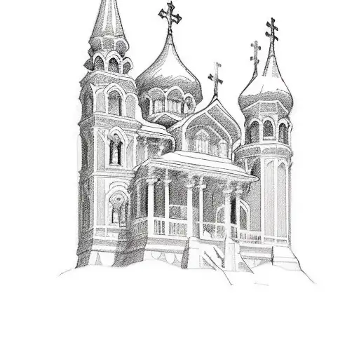 A sketch-style tattoo of a beautiful orthodox church with intricate details, reflecting your fascination with orthodox architecture. tattoo design idea