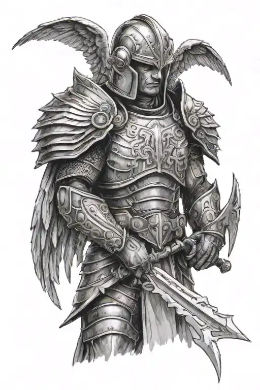 an armored warrior with angel wings spread looking into the distance. he is holding his helmet in one hand tattoo design idea