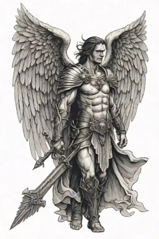 a warrior with angel wings spread wings looking into the distance tattoo design idea