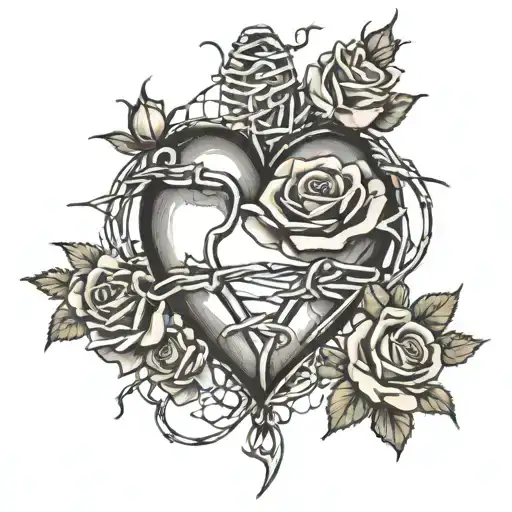 A heart with the upper half of several roses and the lower half of barbed wire tattoo design idea