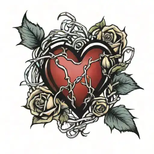 A heart with the upper half of several roses and the lower half of barbed wire tattoo design idea
