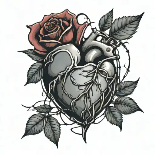 A heart with the upper half of several roses and the lower half of barbed wire tattoo design idea