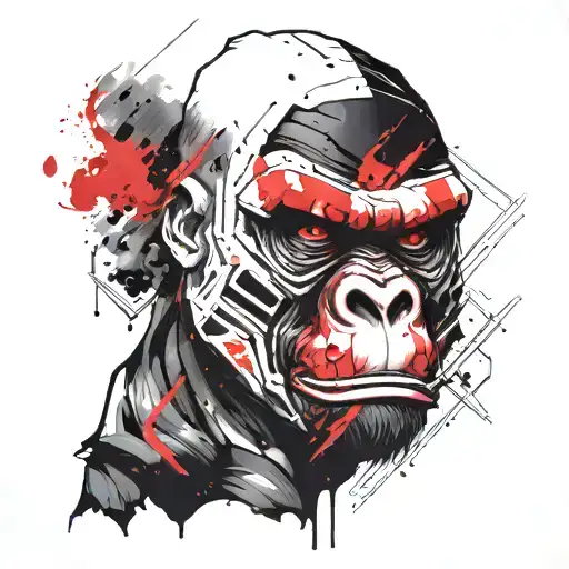 Japanese mask vs minimalist futuristic gorilla and red laser tattoo design idea