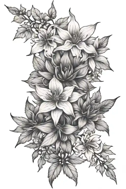 larkspur flowers intertwined, aster bouquet, poinsettia flowers tattoo design idea