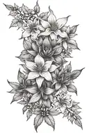 larkspur flowers intertwined, aster bouquet, poinsettia flowers tattoo design idea