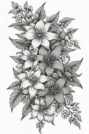 larkspur flowers intertwined, aster bouquet, poinsettia flowers tattoo design idea
