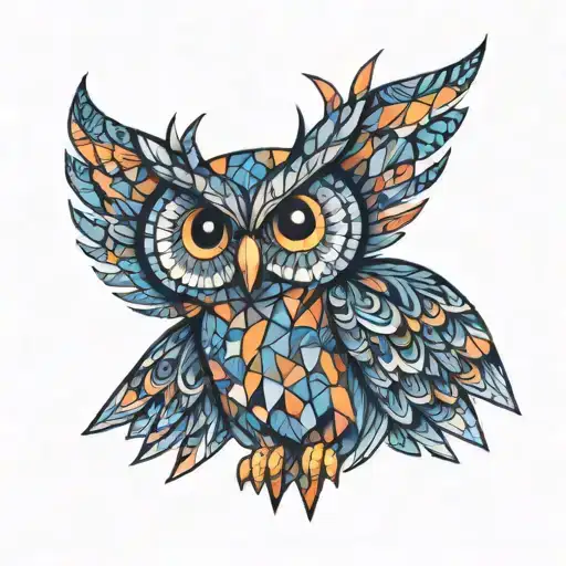An owl with geometric patterns and abstract shapes tattoo design idea
