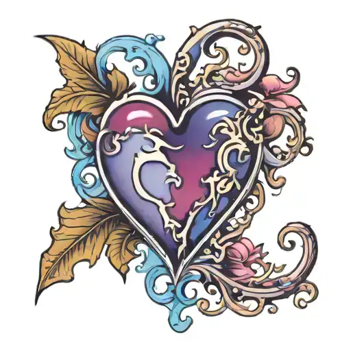 heart half blue half purple, bleeding color, wet looking  tattoo design idea