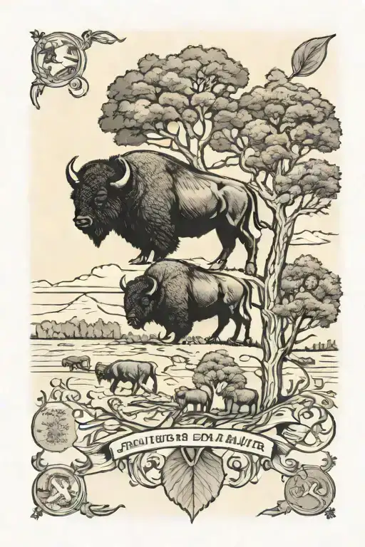 bison and family tree tattoo design idea
