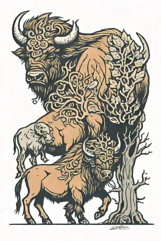 bison and family tree tattoo design idea