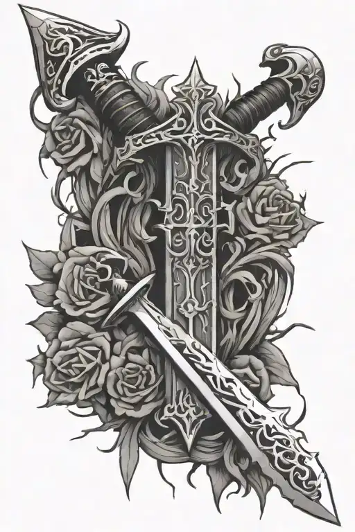 I want to get a sword of the spirit tattoo and I want the sword to be the same dimensions as a cross and with thorns  tattoo design idea