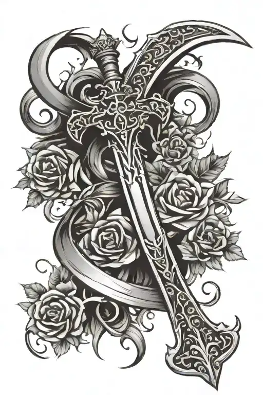I want to get a sword of the spirit tattoo with thorns on the handle and psalms 23:4 on the blade with fire on the sides tattoo design idea