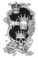 a long flight leading to a throne. with the throne there is money and a crown. one side reads "get rich or die tryin", t tattoo design idea