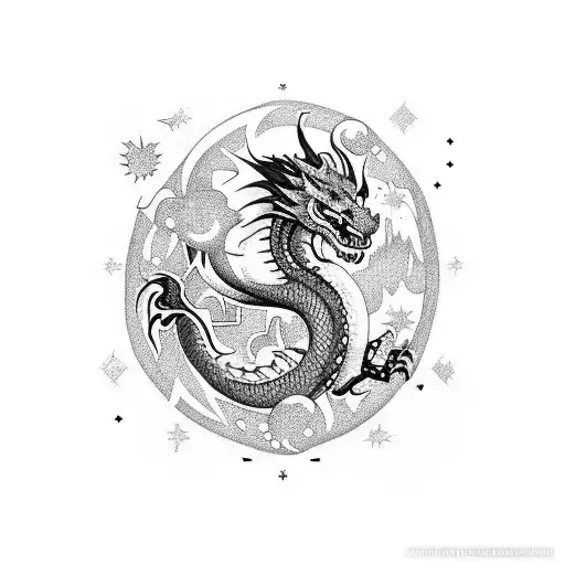 Create a tattoo featuring a dragon and a starry night sky with constellations from a favorite RPG game tattoo design idea