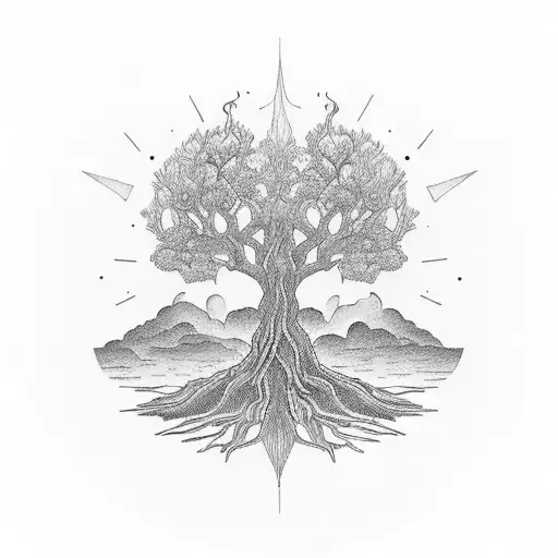 A mesmerizing blackwork design of a philosopher sitting under an ancient tree, contemplating the concept of time tattoo design idea