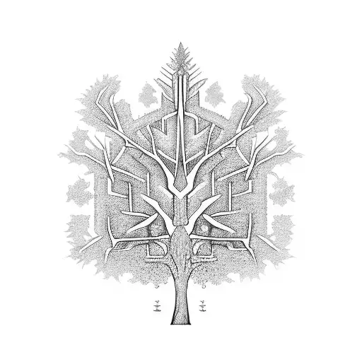 A mystical tree of old with intricate patterns representing the 12 main religions tattoo design idea