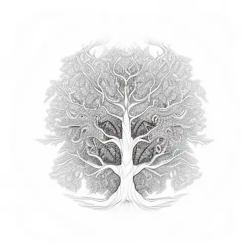 A mystical tree of old with intricate patterns representing the 12 main religions tattoo design idea