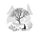 A mesmerizing blackwork design of a philosopher sitting under an ancient tree, contemplating the concept of time tattoo design idea