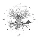 A mesmerizing blackwork design of a philosopher sitting under an ancient tree, contemplating the concept of time tattoo design idea