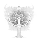 A mystical tree of old with intricate patterns representing the 12 main religions tattoo design idea