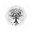 A mystical tree of old with intricate patterns representing the 12 main religions tattoo design idea