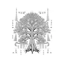 A mystical tree of old with intricate patterns representing the 12 main religions tattoo design idea