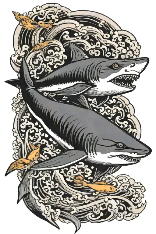  shark seen from the top drawn by junji ito in front of a japanese style sun and some koi carp around it tattoo design idea