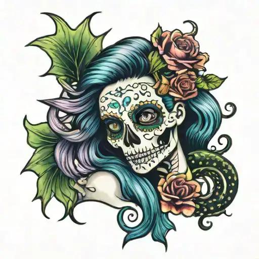 skeleton mermaid with day of the dead head tattoo design idea