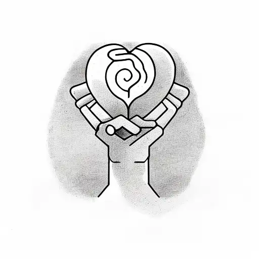 man sitting cross-legged with confusion in his head holding a heart in one hand and a brain in the other tattoo design idea