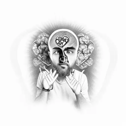 man sitting cross-legged with confusion in his head holding a heart in one hand and a brain in the other tattoo design idea