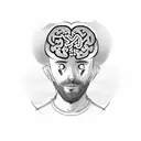 man sitting cross-legged with confusion in his head holding a heart in one hand and a brain in the other tattoo design idea