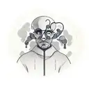 man sitting cross-legged with confusion in his head holding a heart in one hand and a brain in the other tattoo design idea