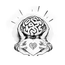 man sitting cross-legged with confusion in his head holding a heart in one hand and a brain in the other tattoo design idea