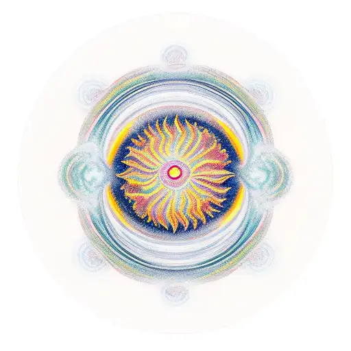 sun, mountain and waves in a circular shape tattoo design idea