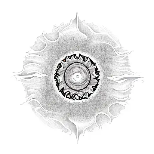 sun, waves, and mountains in a circular shape and in black and white tattoo design idea