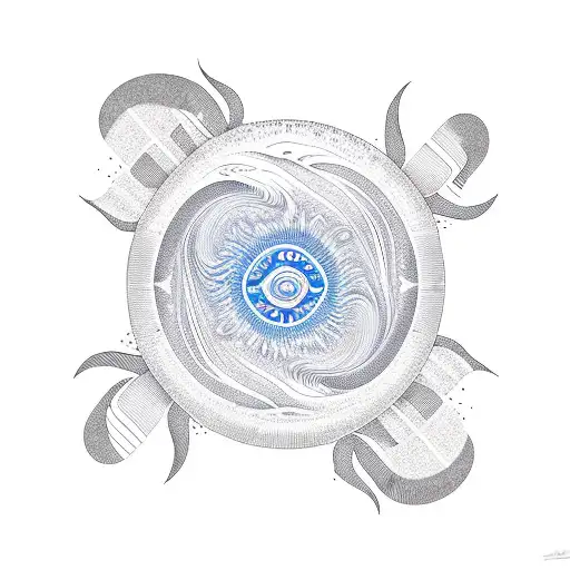 sun, waves, and mountains in a circular shape and in black and white tattoo design idea