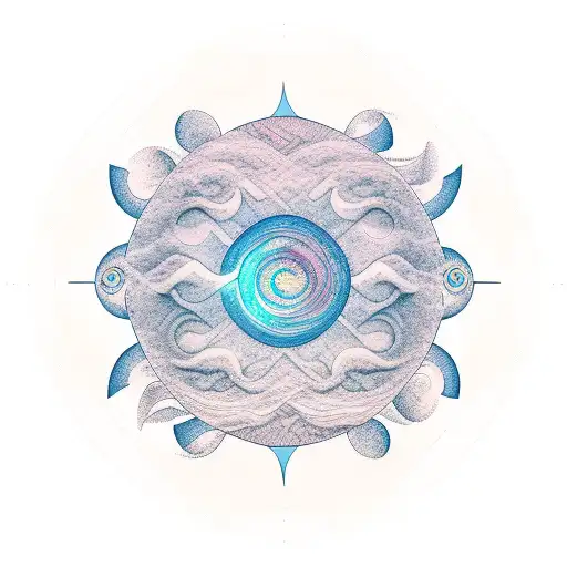 sun, mountain and waves in a circular shape tattoo design idea