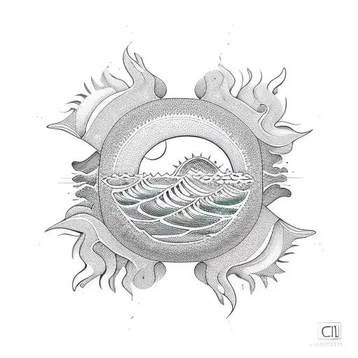 sun mountains and waves in a cicular shape tattoo design idea
