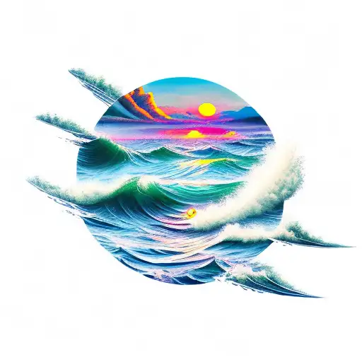 sun mountains and waves in a cicular shape tattoo design idea