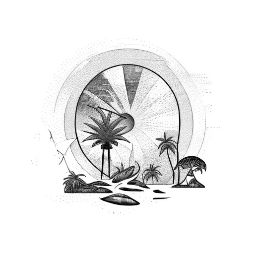 A beach landscape with a sunset and birds of paradise in blackwork style tattoo design idea