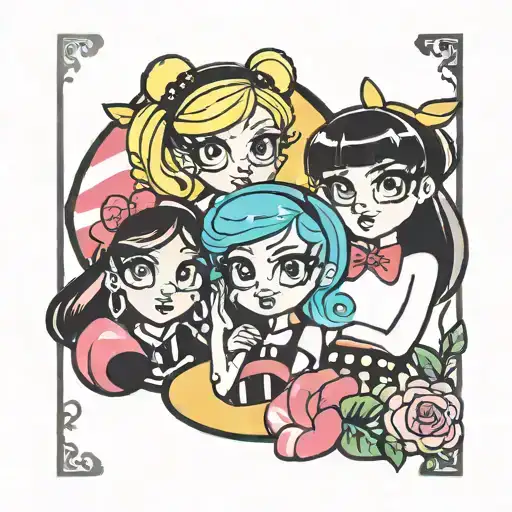 powerpuff girls in a rectangle border tattoo design idea