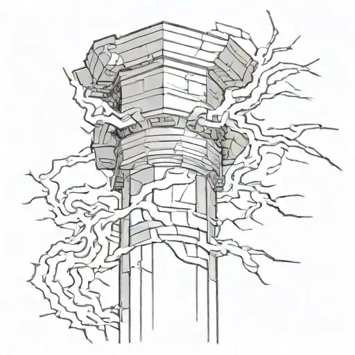 Create me a simple tattoo of a broken pillar struck by lightning in black and white. tattoo design idea