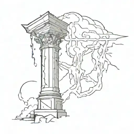 Create me a simple tattoo of an old, broken pillar with lightning striking it in black and white. tattoo design idea