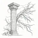 Create me a simple tattoo of a broken pillar struck by lightning in black and white. tattoo design idea