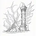 Create me a simple tattoo of a broken pillar struck by lightning in black and white. tattoo design idea