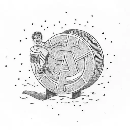 Atlas (mythology god) holding a tyre with 3 letters inside: "SDT" and below those 3 letters, coordinates "N'45,56 E,45"  tattoo design idea