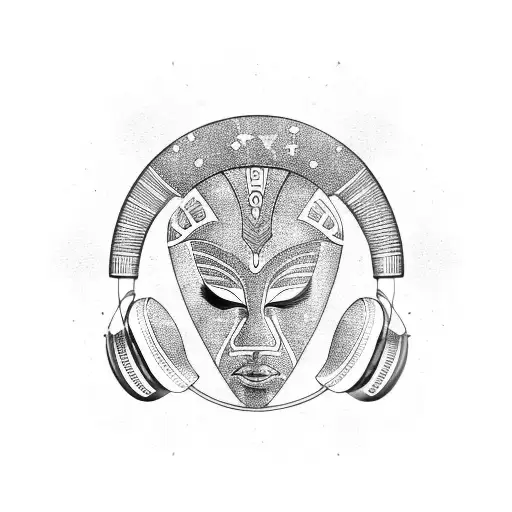 African mask with space elements and wearing headphones tattoo design idea