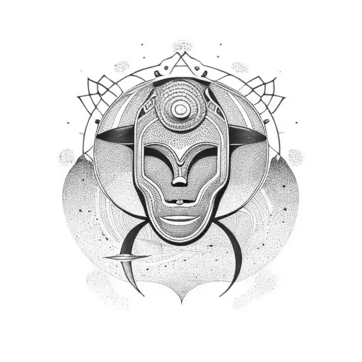 African mask surrounded by celestial objects tattoo design idea