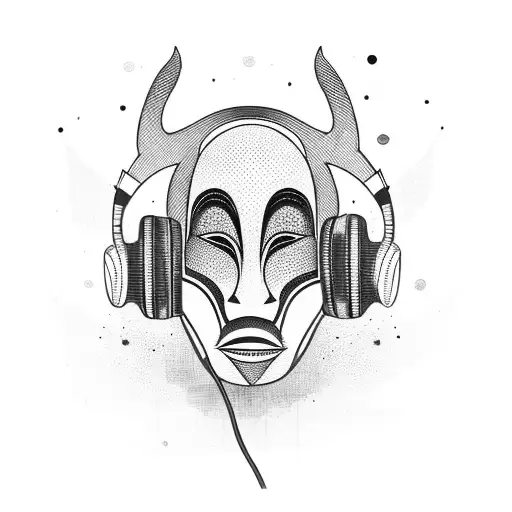 African mask with space elements and wearing headphones tattoo design idea